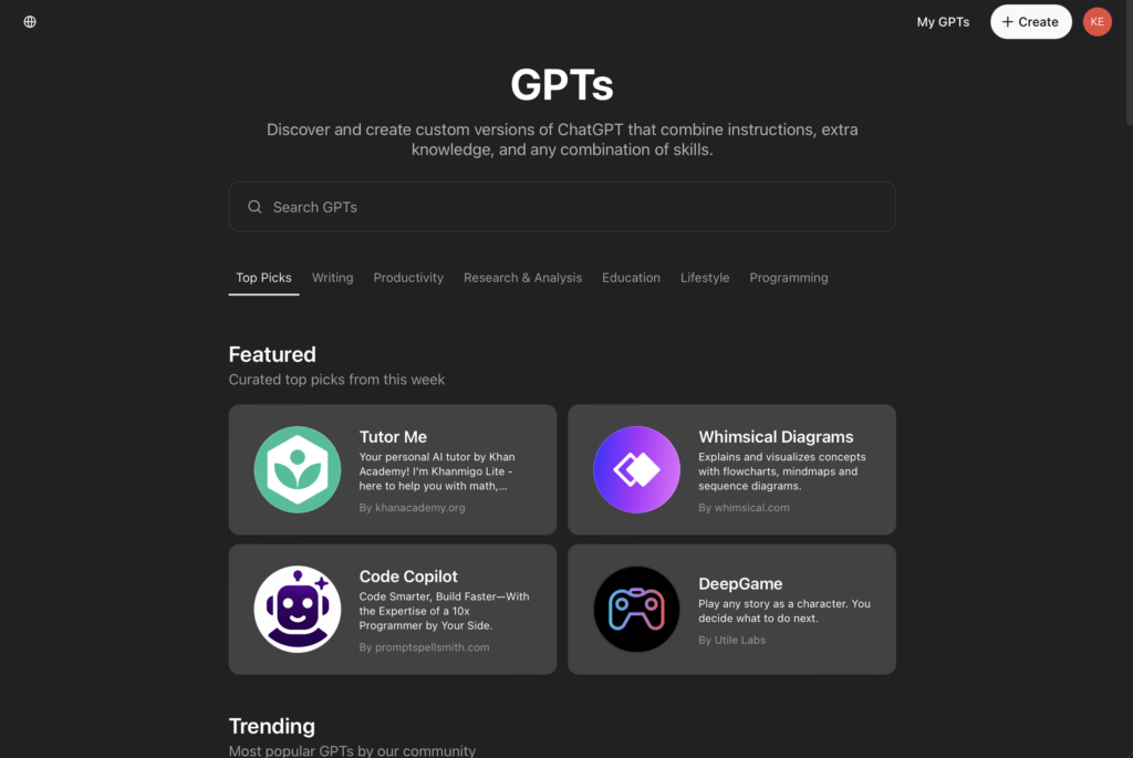 Explore GPTs Page on ChatGPT